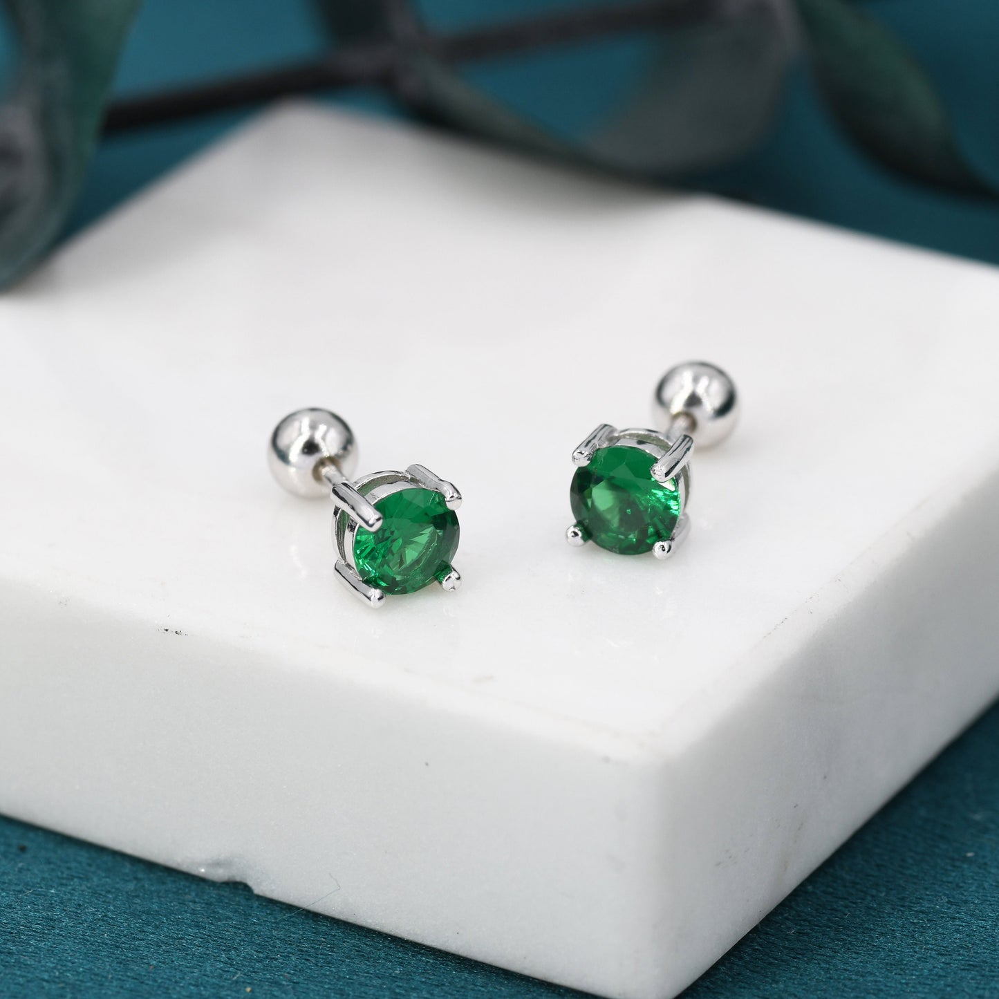 Emerald Green CZ Screw Back Earrings in Sterling Silver, Available in 3mm 4mm 5mm 6mm, Brilliant Cut Emerald Green CZ Earrings, Four Prong