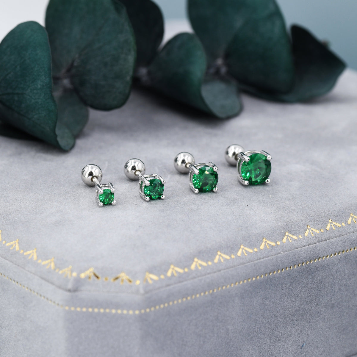 Emerald Green CZ Screw Back Earrings in Sterling Silver, Available in 3mm 4mm 5mm 6mm, Brilliant Cut Emerald Green CZ Earrings, Four Prong
