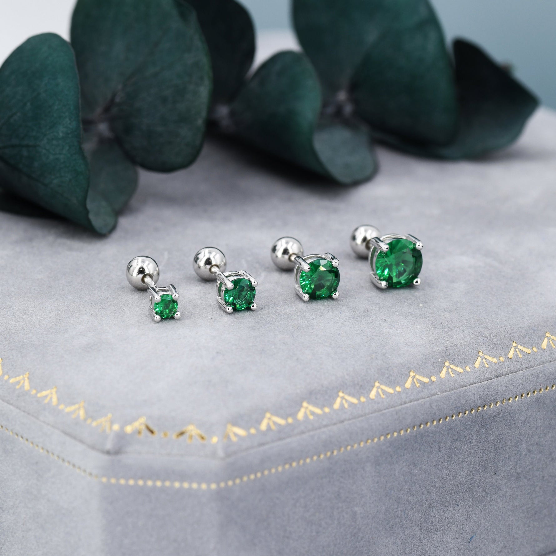 Emerald Green CZ Screw Back Earrings in Sterling Silver, Available in 3mm 4mm 5mm 6mm, Brilliant Cut Emerald Green CZ Earrings, Four Prong