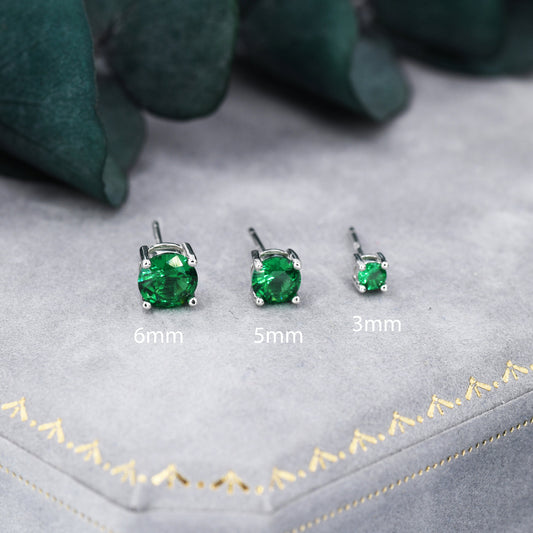 Emerald Green CZ Stud Earrings in Sterling Silver, Available in 3mm, 5mm 6mm, Brilliant Cut Emerald Green CZ Earrings, Four Prong Set