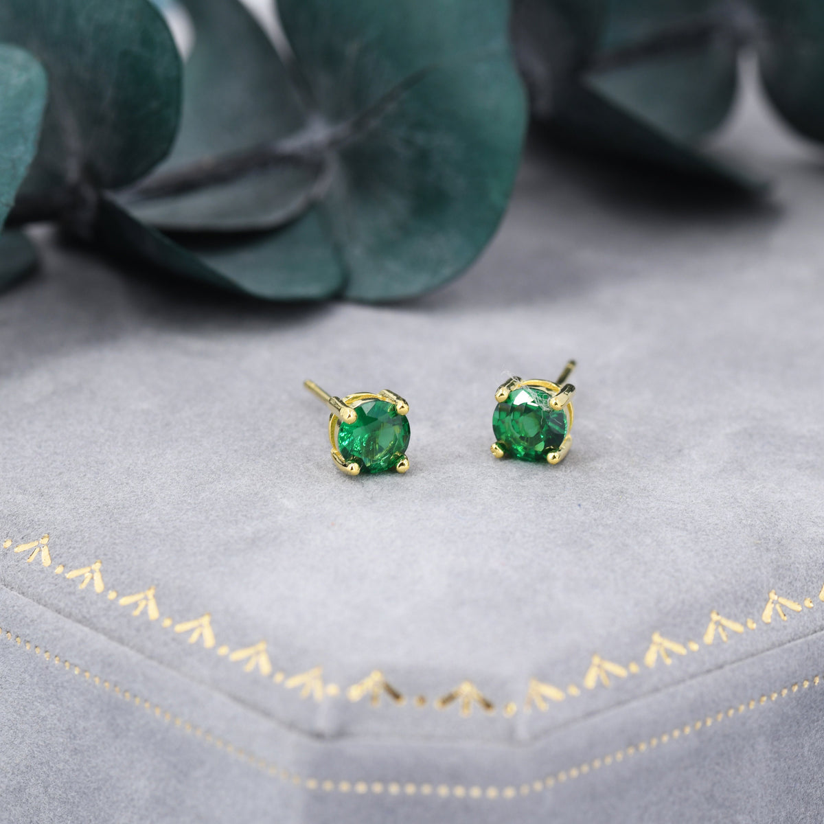 Emerald Green CZ Stud Earrings in Sterling Silver, Available in 3mm, 5mm 6mm, Brilliant Cut Emerald Green CZ Earrings, Four Prong Set