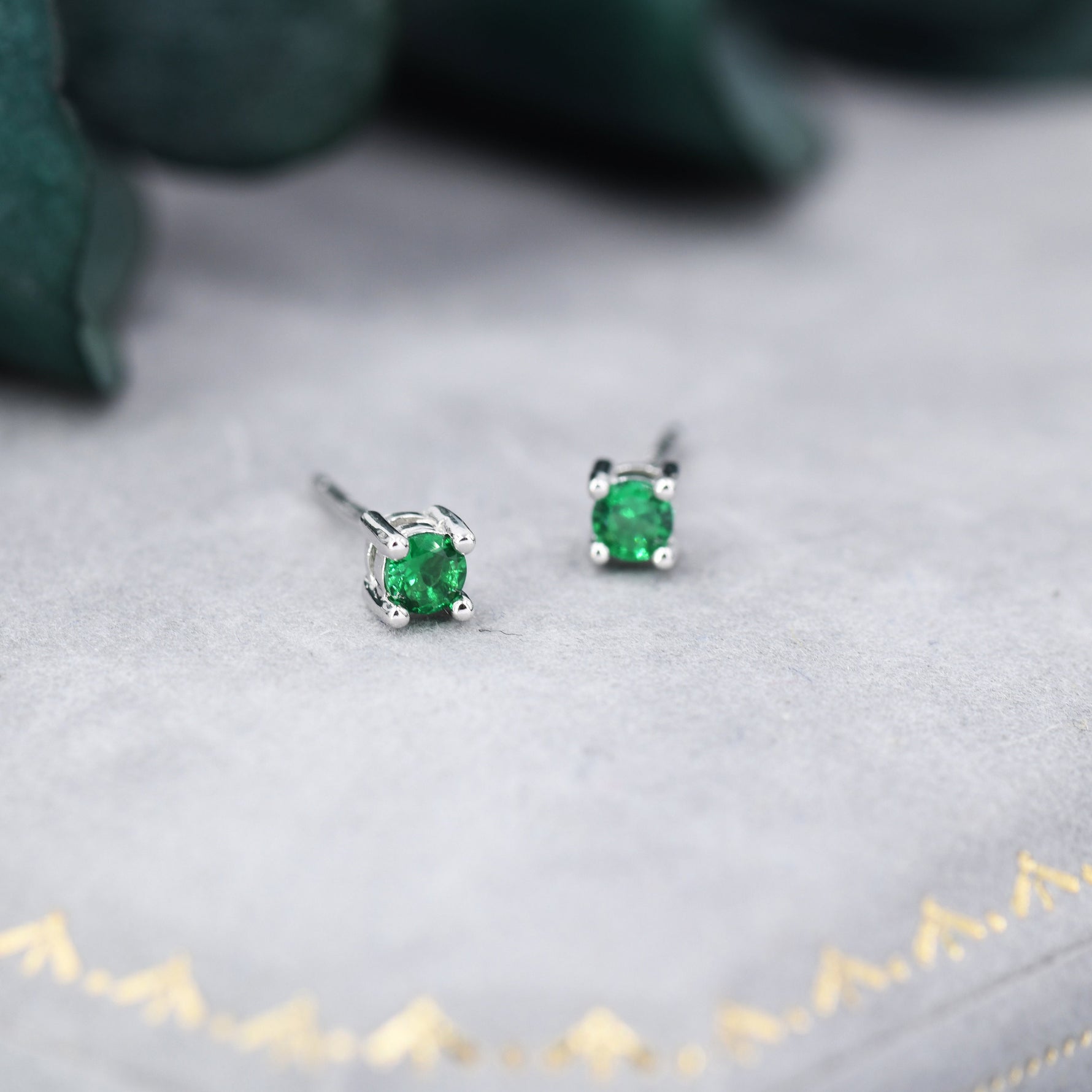 Emerald Green CZ Stud Earrings in Sterling Silver, Available in 3mm, 5mm 6mm, Brilliant Cut Emerald Green CZ Earrings, Four Prong Set
