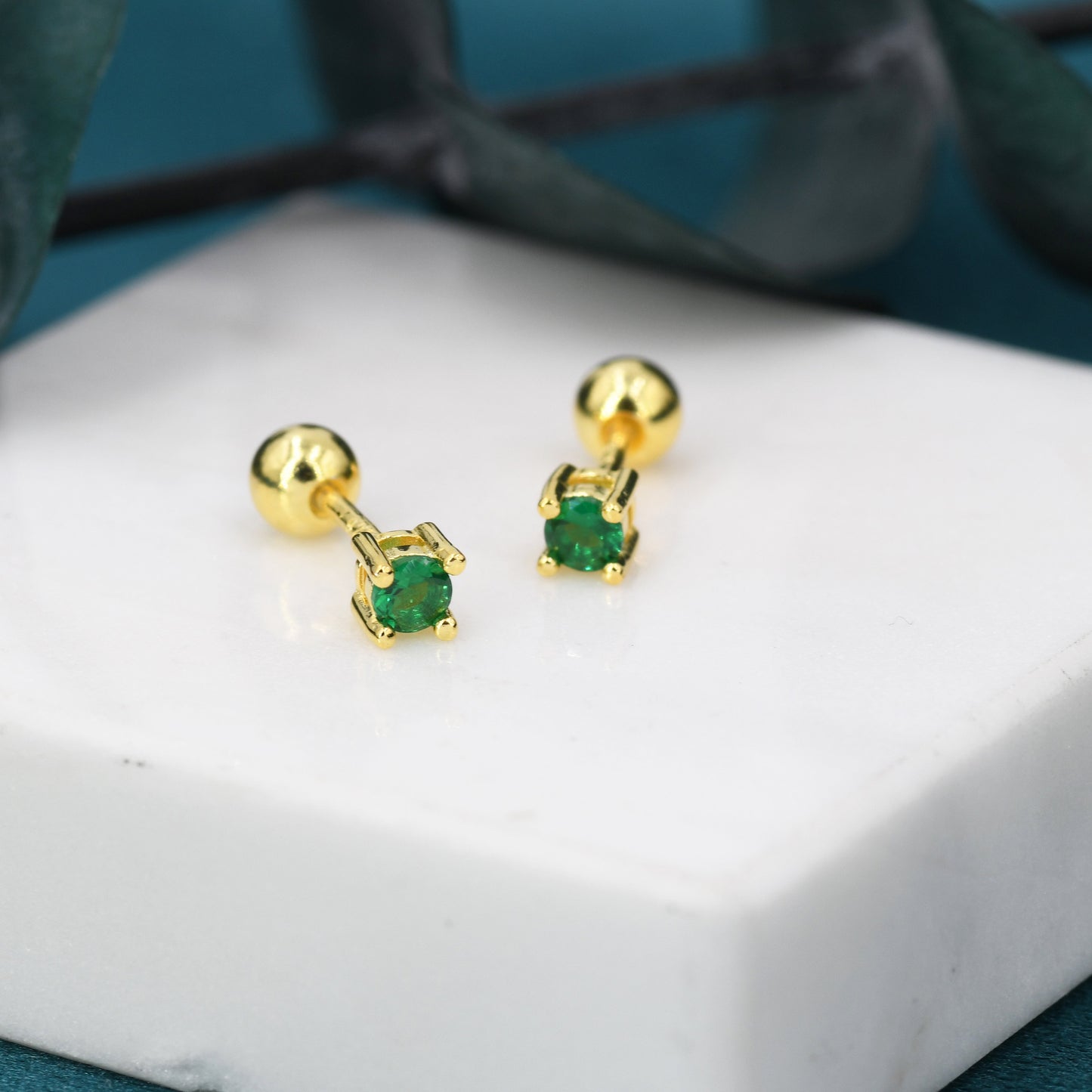 Emerald Green CZ Screw Back Earrings in Sterling Silver, Available in 3mm 4mm 5mm 6mm, Brilliant Cut Emerald Green CZ Earrings, Four Prong