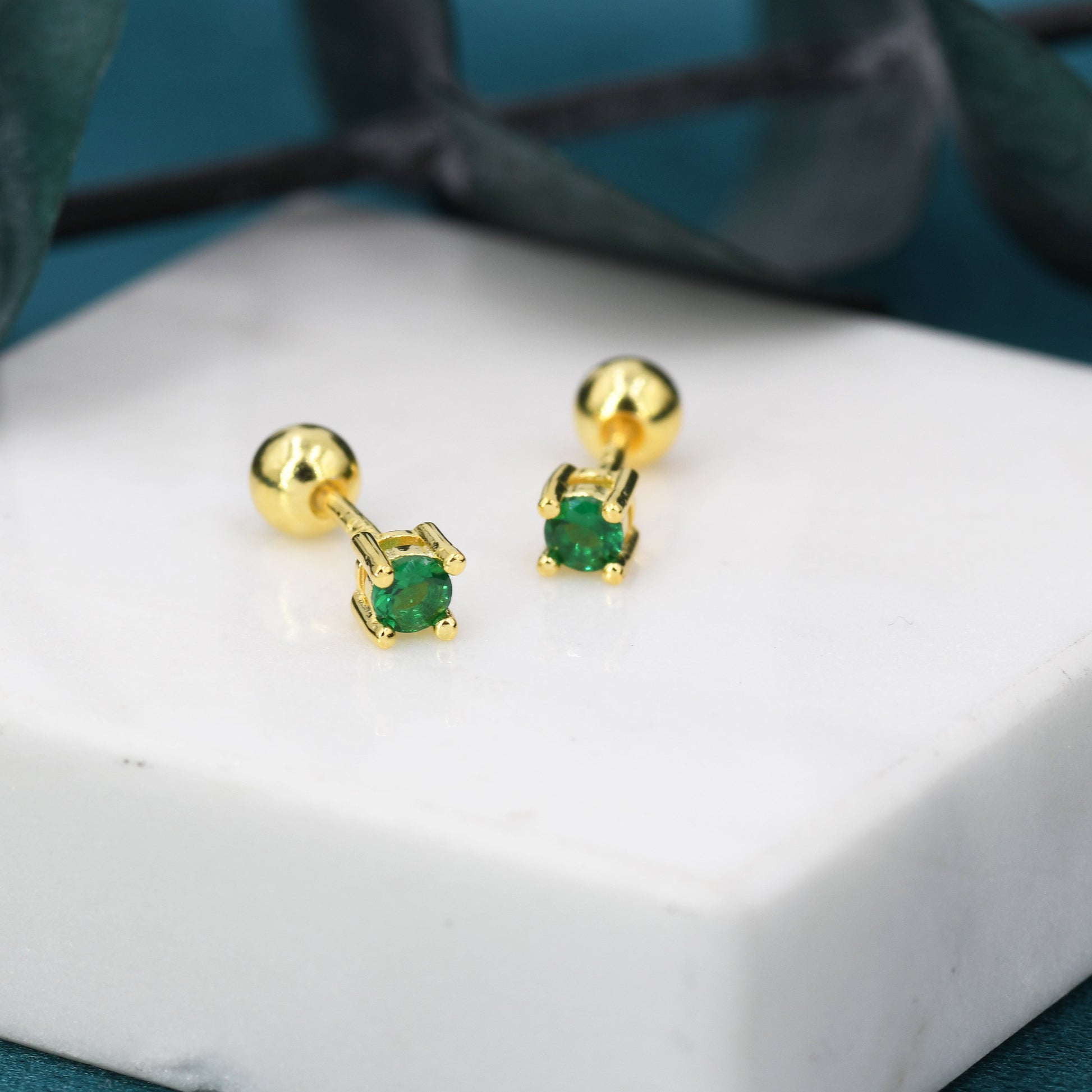 Emerald Green CZ Screw Back Earrings in Sterling Silver, Available in 3mm 4mm 5mm 6mm, Brilliant Cut Emerald Green CZ Earrings, Four Prong