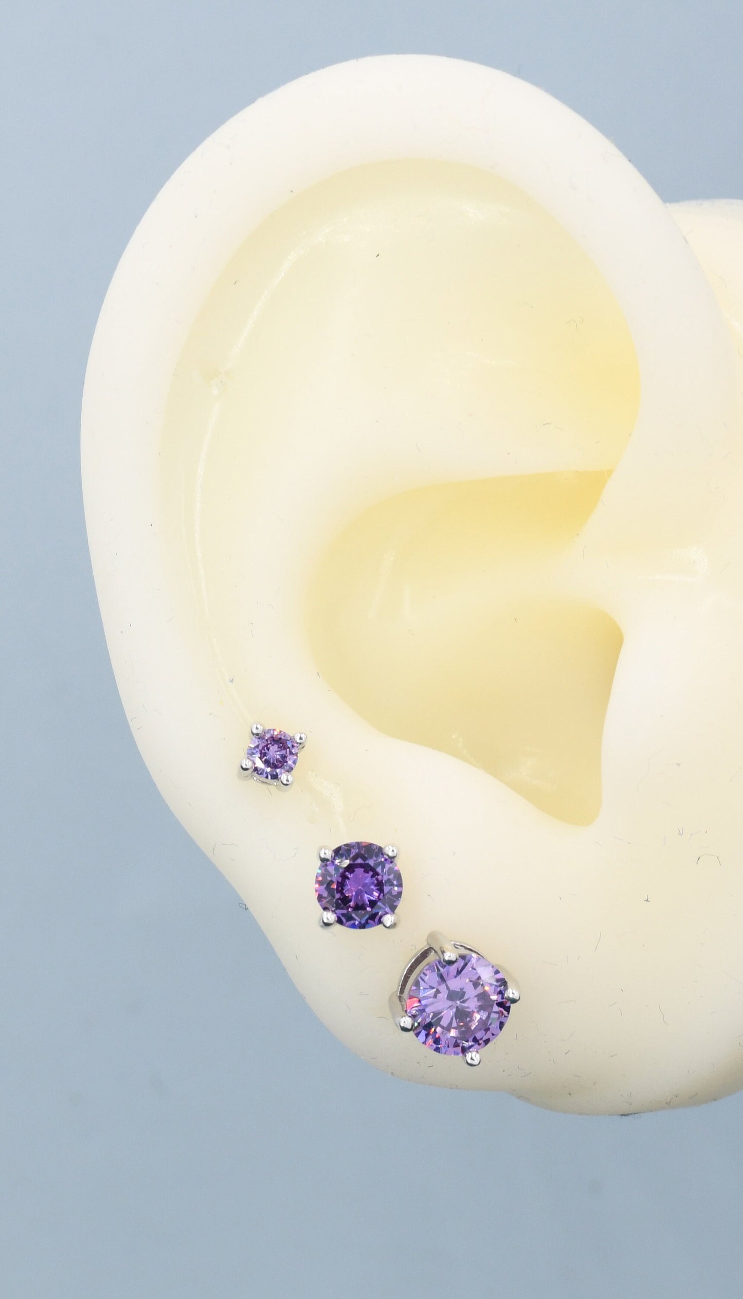 Amethyst Purple CZ Stud Earrings in Sterling Silver, Available in 3mm, 5mm 6mm, Brilliant Cut Purple CZ Earrings, Four Prong Set