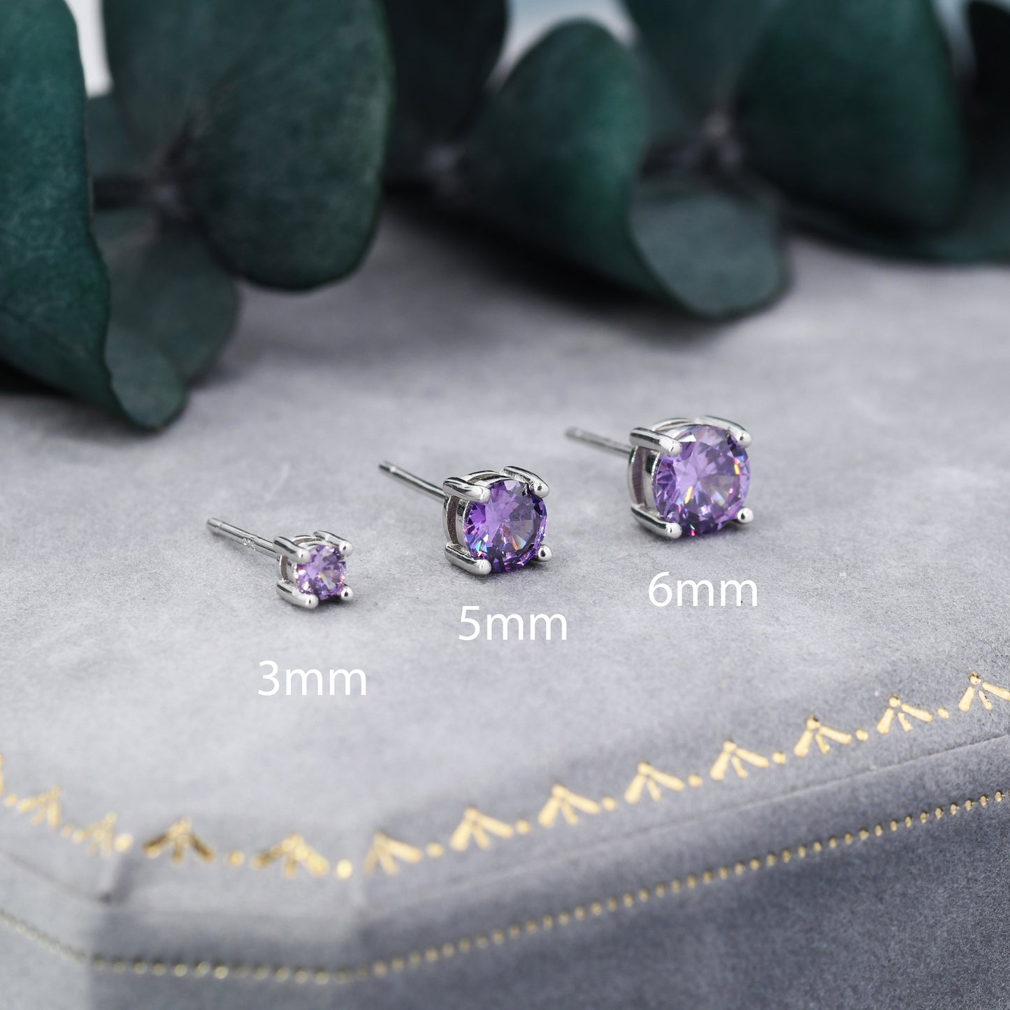 Amethyst Purple CZ Stud Earrings in Sterling Silver, Available in 3mm, 5mm 6mm, Brilliant Cut Purple CZ Earrings, Four Prong Set