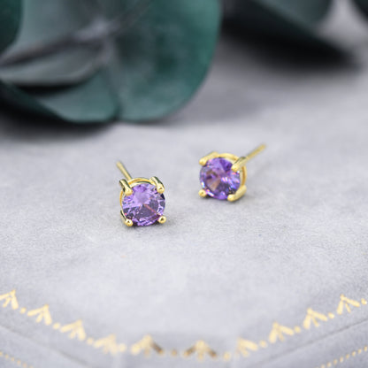 Amethyst Purple CZ Stud Earrings in Sterling Silver, Available in 3mm, 5mm 6mm, Brilliant Cut Purple CZ Earrings, Four Prong Set