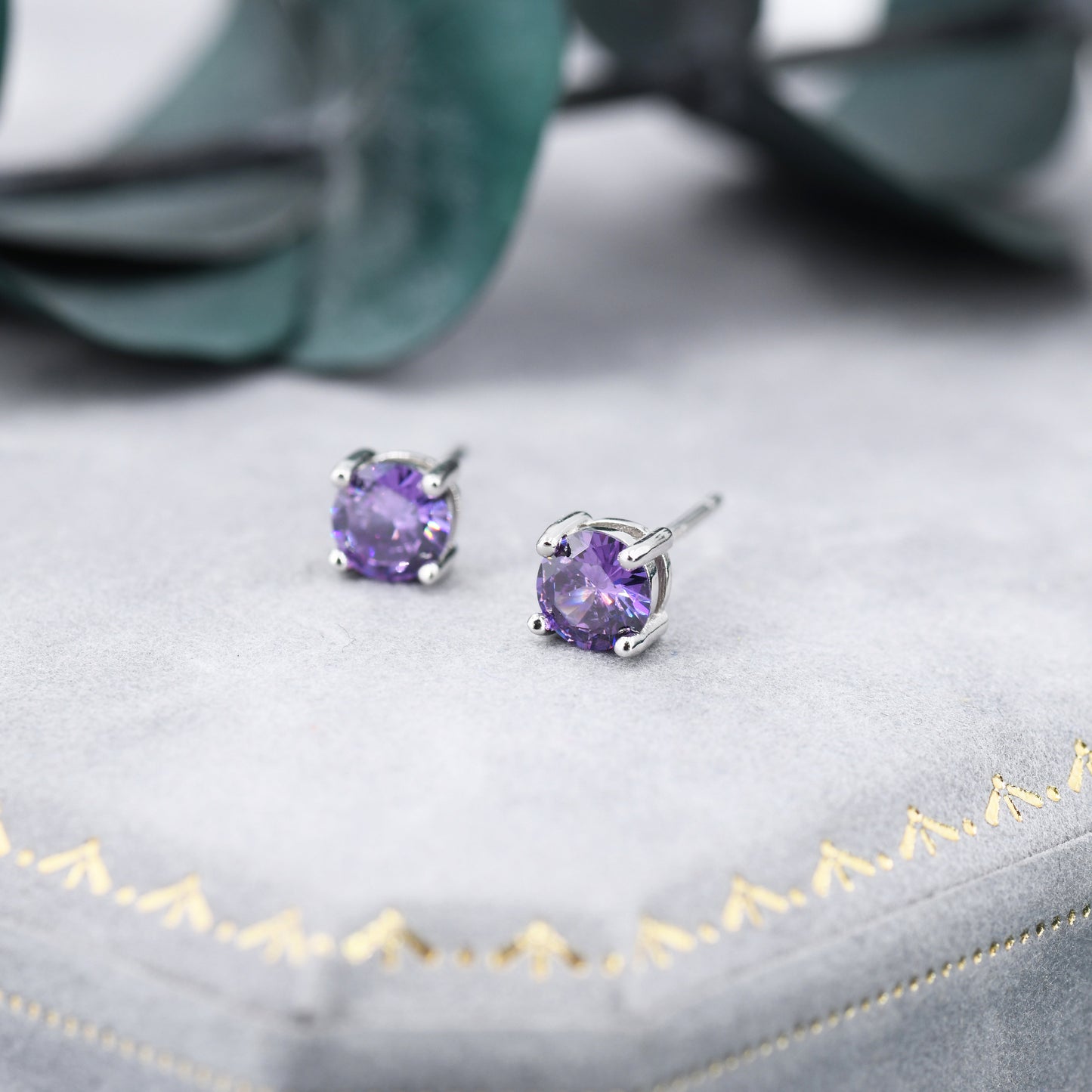 Amethyst Purple CZ Stud Earrings in Sterling Silver, Available in 3mm, 5mm 6mm, Brilliant Cut Purple CZ Earrings, Four Prong Set