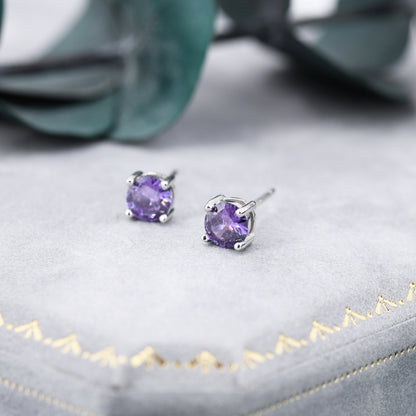 Amethyst Purple CZ Stud Earrings in Sterling Silver, Available in 3mm, 5mm 6mm, Brilliant Cut Purple CZ Earrings, Four Prong Set