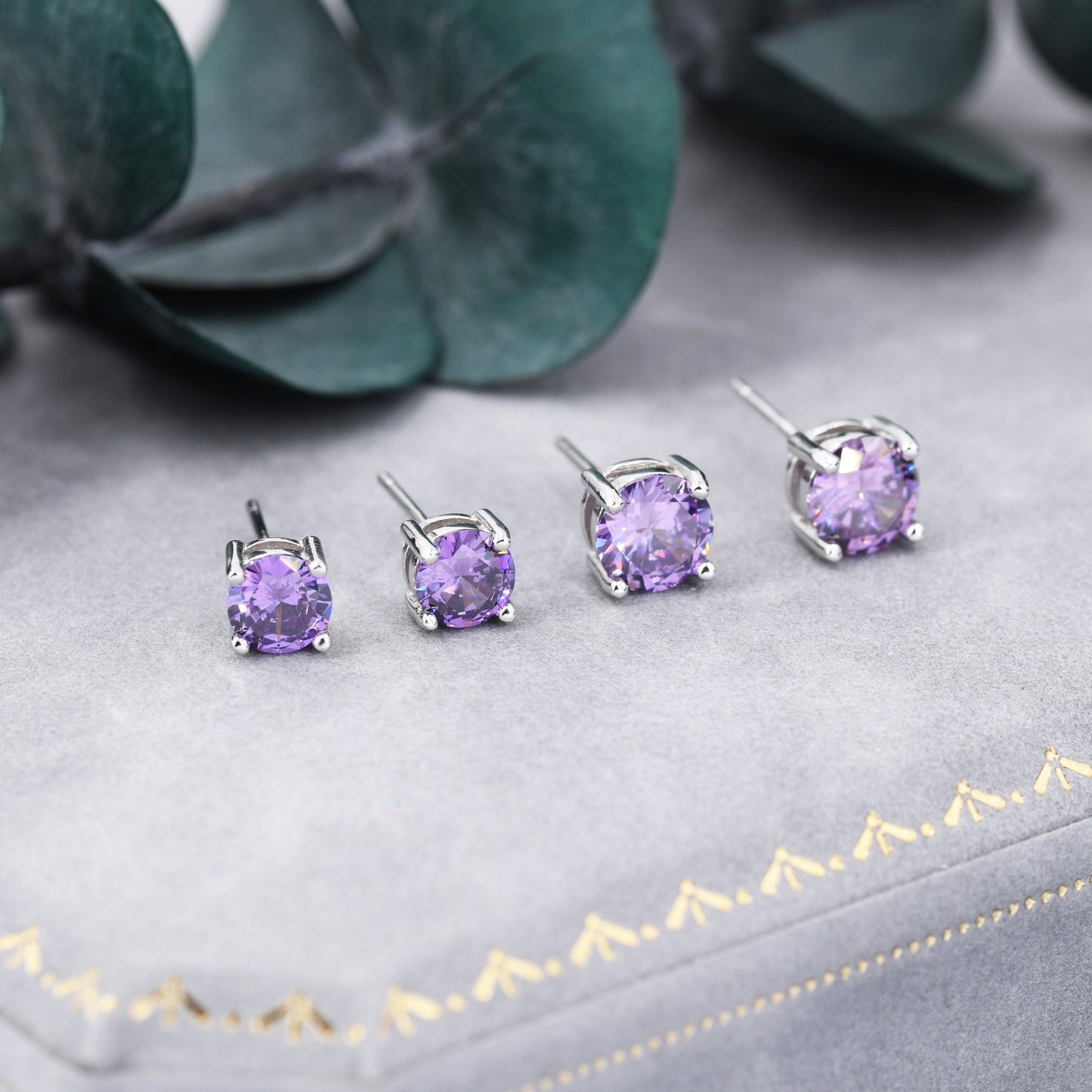 Amethyst Purple CZ Stud Earrings in Sterling Silver, Available in 3mm, 5mm 6mm, Brilliant Cut Purple CZ Earrings, Four Prong Set