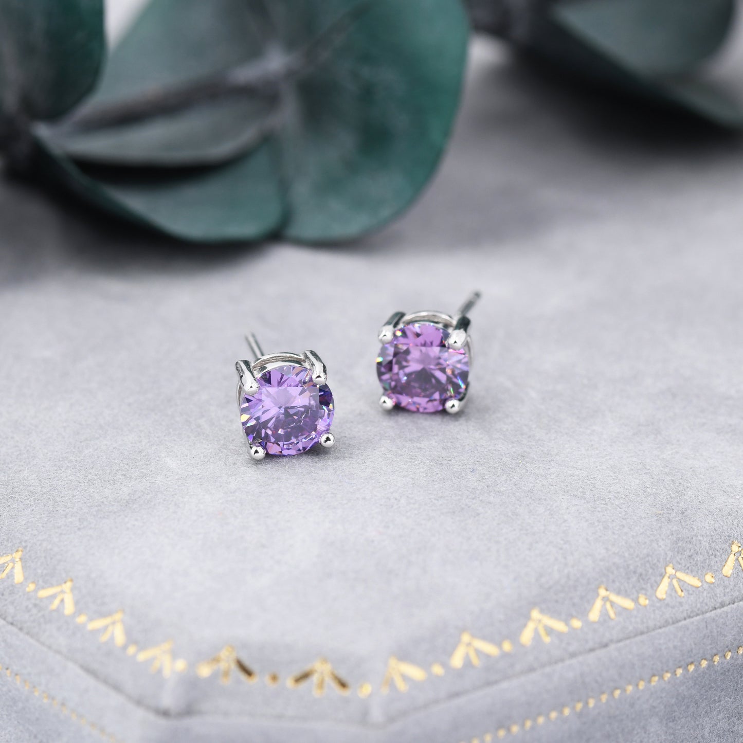 Amethyst Purple CZ Stud Earrings in Sterling Silver, Available in 3mm, 5mm 6mm, Brilliant Cut Purple CZ Earrings, Four Prong Set