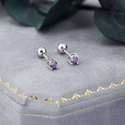 Amethyst Purple CZ Screw Back Earrings in Sterling Silver, Available in 3mm 4mm 5mm, Brilliant Cut Purple CZ Earrings, Four Prong