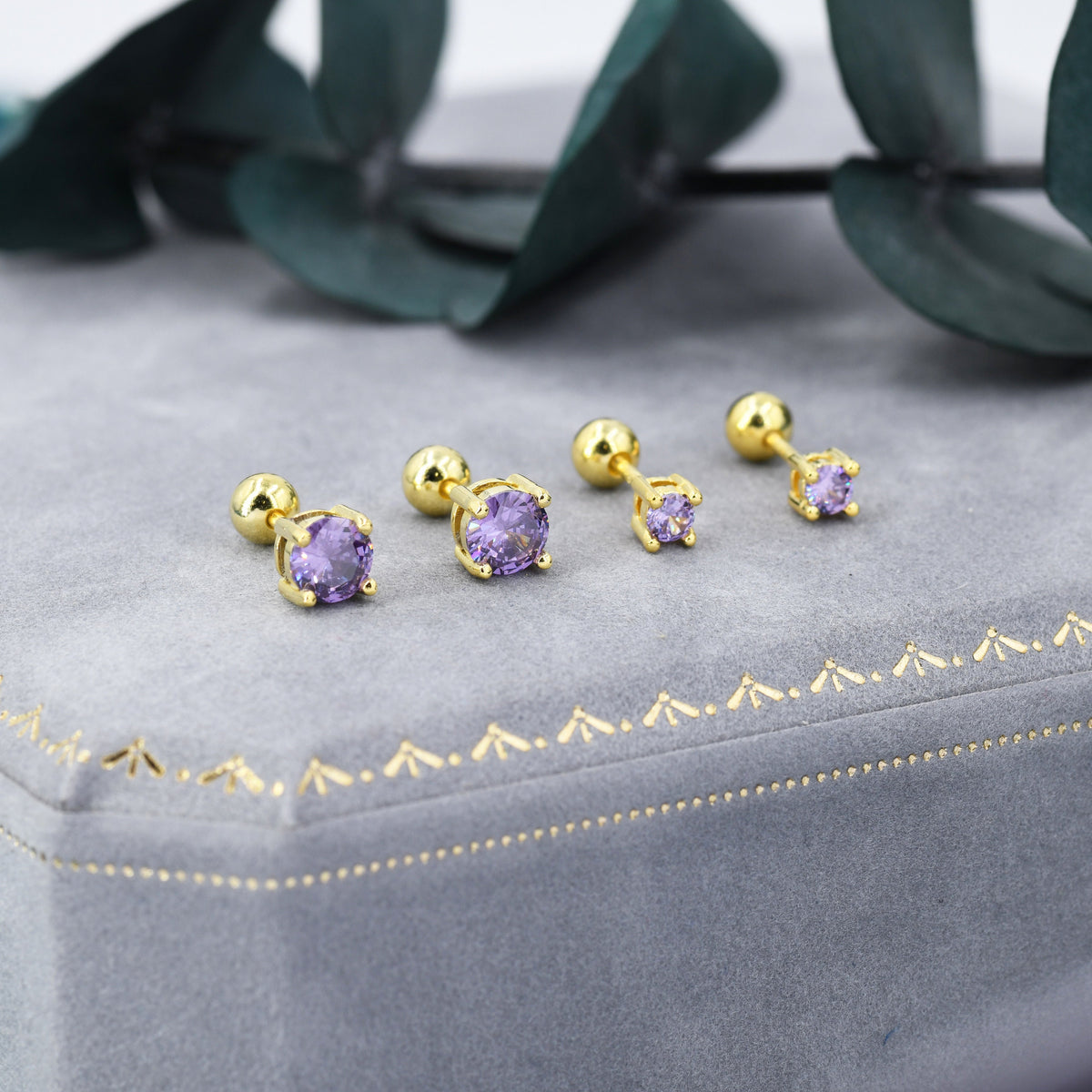 Amethyst Purple CZ Screw Back Earrings in Sterling Silver, Available in 3mm 4mm 5mm, Brilliant Cut Purple CZ Earrings, Four Prong