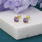 Amethyst Purple CZ Screw Back Earrings in Sterling Silver, Available in 3mm 4mm 5mm, Brilliant Cut Purple CZ Earrings, Four Prong
