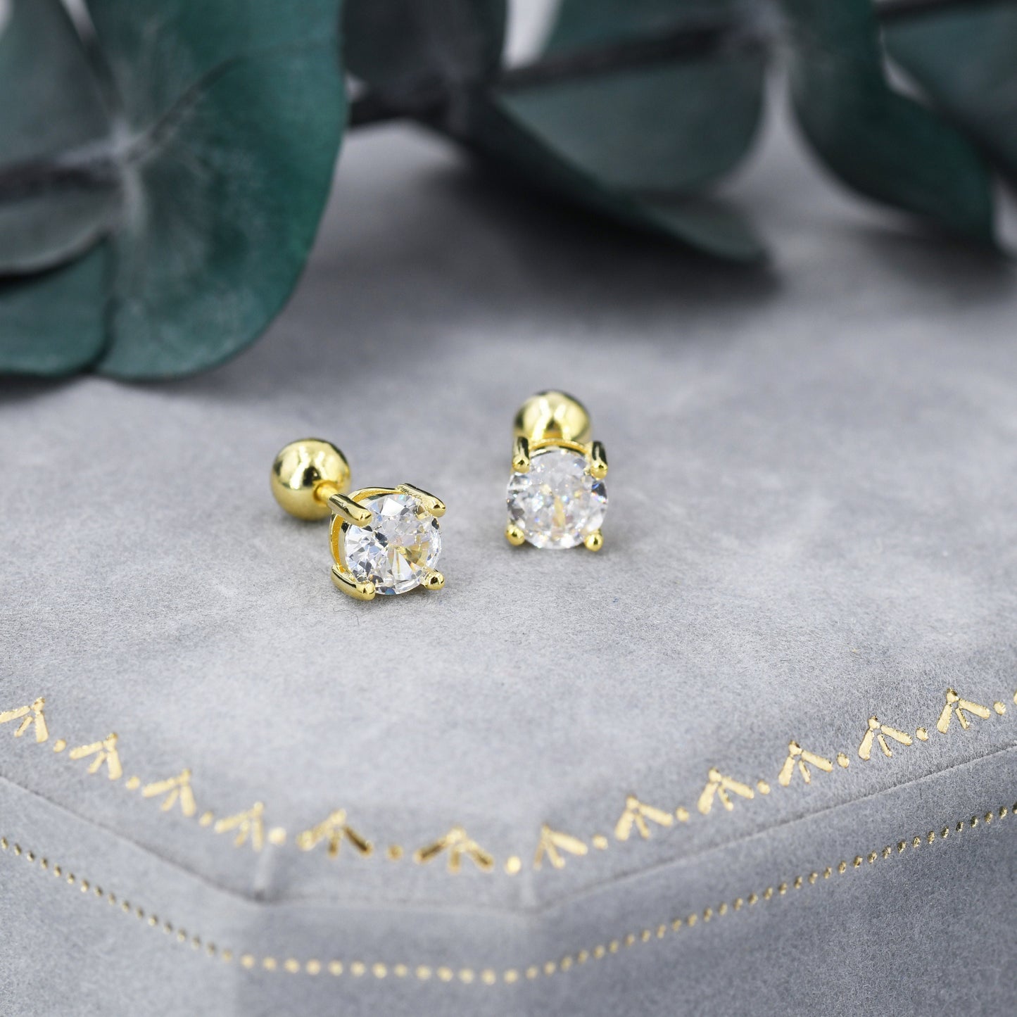 CZ Crystal Screw Back Earrings in Sterling Silver, Available in 3mm 4mm 5mm 6mm, Brilliant Cut CZ Earrings, Four Prong, Silver or Gold