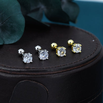 CZ Crystal Screw Back Earrings in Sterling Silver, Available in 3mm 4mm 5mm 6mm, Brilliant Cut CZ Earrings, Four Prong, Silver or Gold