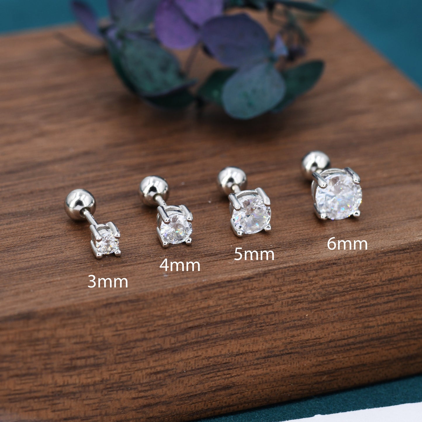 CZ Crystal Screw Back Earrings in Sterling Silver, Available in