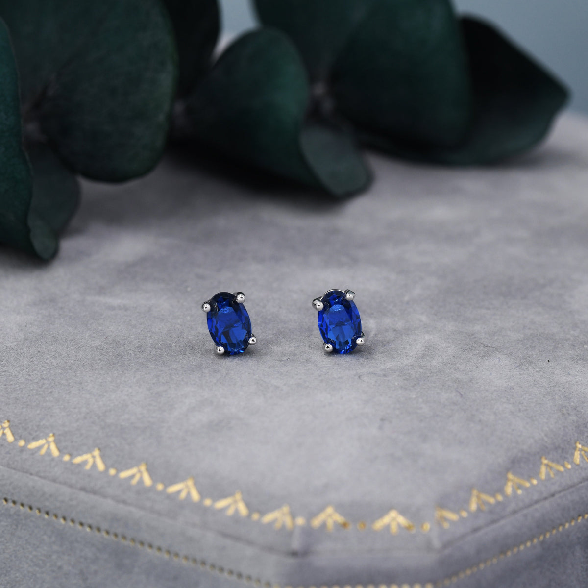 Sapphire Blue Oval CZ Stud Earrings in Sterling Silver, Available in Two Finishes, Oval Cut Crystal Earrings, September Birthstone