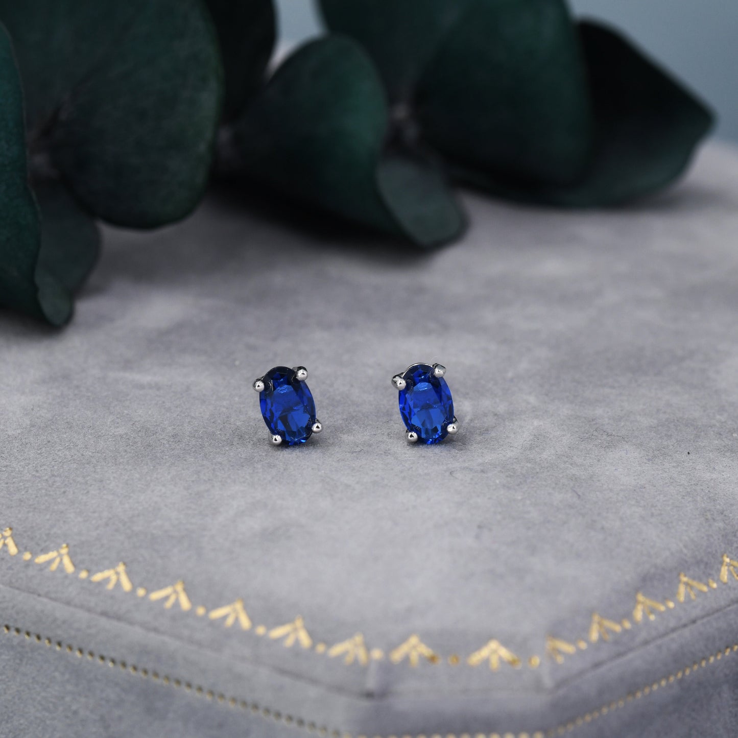 Sapphire Blue Oval CZ Stud Earrings in Sterling Silver,  Available in Two Finishes, Oval Cut Crystal Earrings, September Birthstone