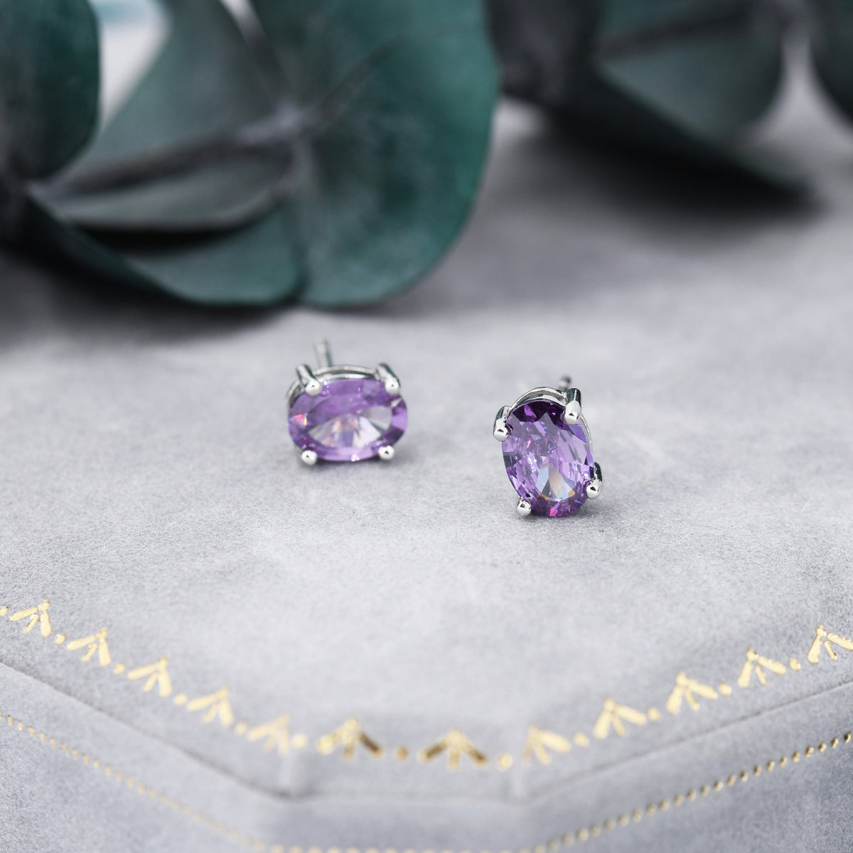 Amethyst Purple Oval CZ Stud Earrings in Sterling Silver, Available in Two Sizes, Oval Cut Crystal Earrings, February Birthstone
