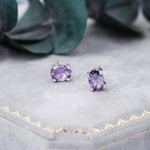 Amethyst Purple Oval CZ Stud Earrings in Sterling Silver, Available in Two Sizes, Oval Cut Crystal Earrings, February Birthstone