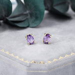 Amethyst Purple Oval CZ Stud Earrings in Sterling Silver, Available in Two Sizes, Oval Cut Crystal Earrings, February Birthstone
