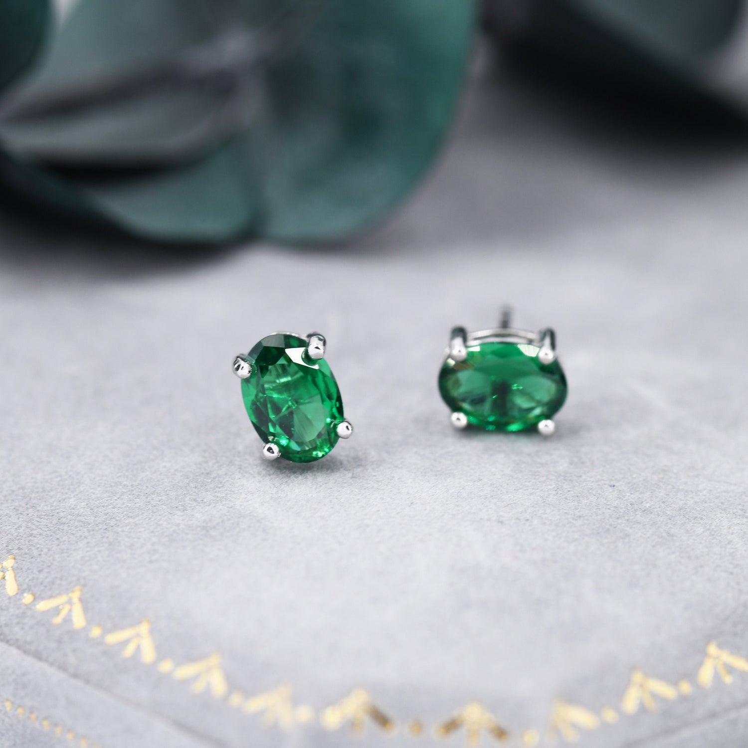 Emerald Green Oval CZ Stud Earrings in Sterling Silver, 5x7mm, Oval Cut Crystal Earrings, May Birthstone