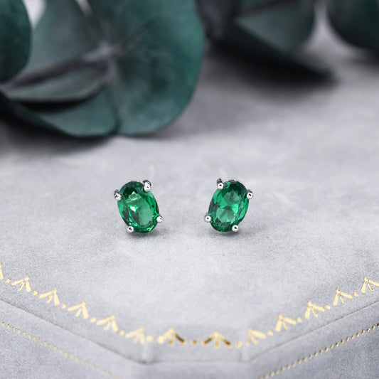 Emerald Green Oval CZ Stud Earrings in Sterling Silver, 5x7mm, Oval Cut Crystal Earrings, May Birthstone