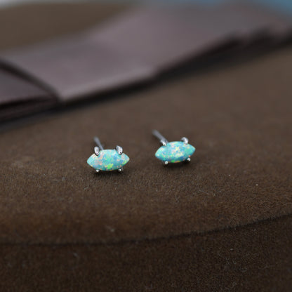 Extra Tiny Green Opal Marquise Stud Earrings in Sterling Silver, Tiny Marquise Opal Earrings, Mint Green Opal, Lab Opal Stud