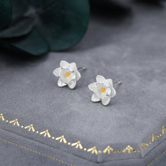 Sterling Silver Water lily Lotus Flower Blossom Stud Earrings with Partial 18ct Gold Plating, Sweet Cute Pretty Jewellery