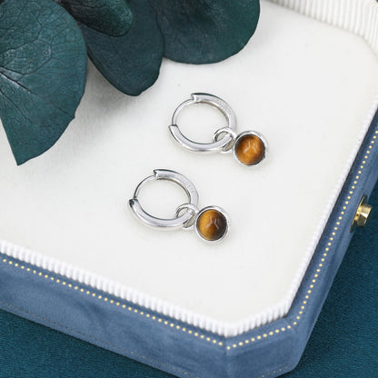 Sterling Silver Dangling Tiger&#39;s Eye Hoop Earrings, Detachable Tiger&#39;s Eye Coin Dangle Hoop Earrings, Interchangeable