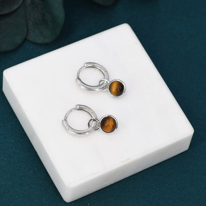 Sterling Silver Dangling Tiger&#39;s Eye Hoop Earrings, Detachable Tiger&#39;s Eye Coin Dangle Hoop Earrings, Interchangeable