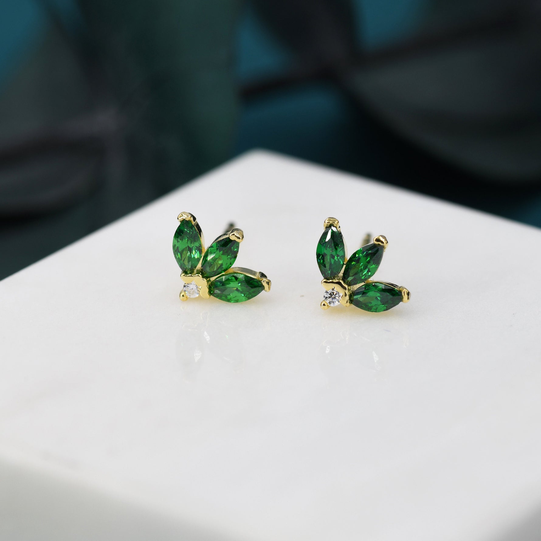 Sterling Silver Emerald Green CZ Marquise Cluster Stud Earrings, Gold or Silver, Marquise Fan Stud, CZ Crown Stud, Three Marquise Stud