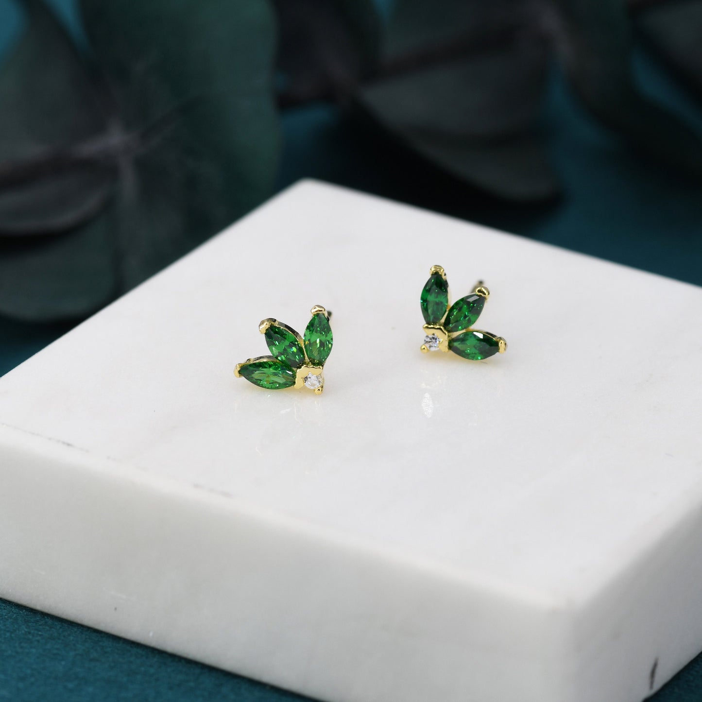 Sterling Silver Emerald Green CZ Marquise Cluster Stud Earrings,  Gold or Silver, Marquise Fan Stud, CZ Crown Stud, Three Marquise Stud