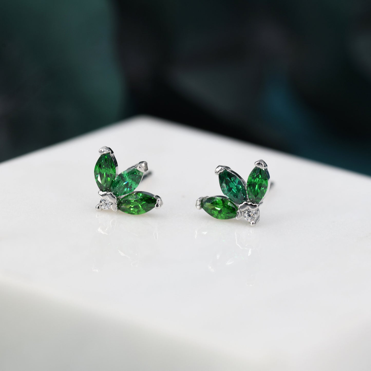 Sterling Silver Emerald Green CZ Marquise Cluster Stud Earrings,  Gold or Silver, Marquise Fan Stud, CZ Crown Stud, Three Marquise Stud