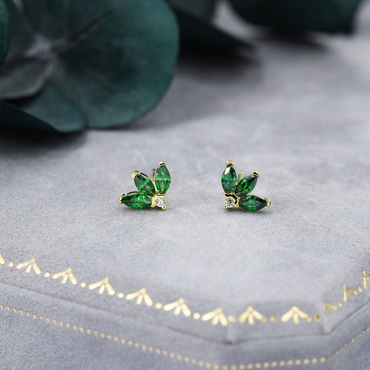 Sterling Silver Emerald Green CZ Marquise Cluster Stud Earrings, Gold or Silver, Marquise Fan Stud, CZ Crown Stud, Three Marquise Stud