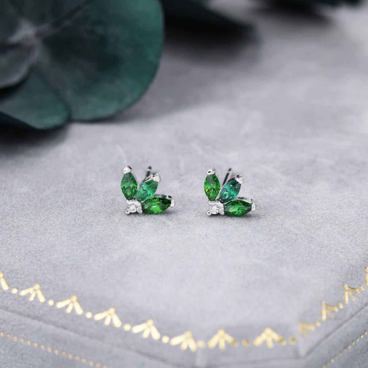 Sterling Silver Emerald Green CZ Marquise Cluster Stud Earrings, Gold or Silver, Marquise Fan Stud, CZ Crown Stud, Three Marquise Stud