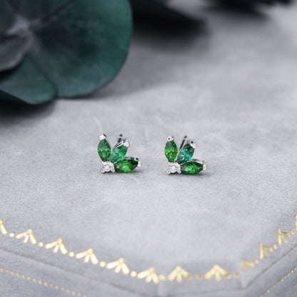 Sterling Silver Emerald Green CZ Marquise Cluster Stud Earrings,  Gold or Silver, Marquise Fan Stud, CZ Crown Stud, Three Marquise Stud