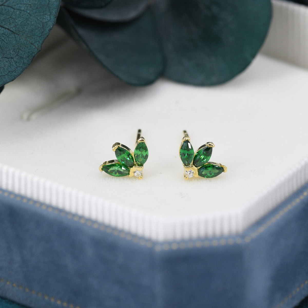 Sterling Silver Emerald Green CZ Marquise Cluster Stud Earrings, Gold or Silver, Marquise Fan Stud, CZ Crown Stud, Three Marquise Stud