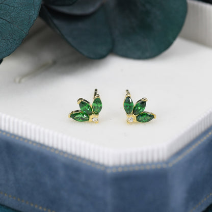 Sterling Silver Emerald Green CZ Marquise Cluster Stud Earrings,  Gold or Silver, Marquise Fan Stud, CZ Crown Stud, Three Marquise Stud