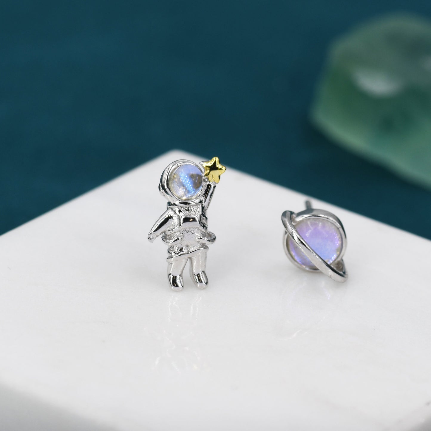 Mismatched Astronaut and Planet  Stud Earrings in Sterling Silver, Asymmetric Planet and Spaceman Earrings with Moonstone, Cute and Fun