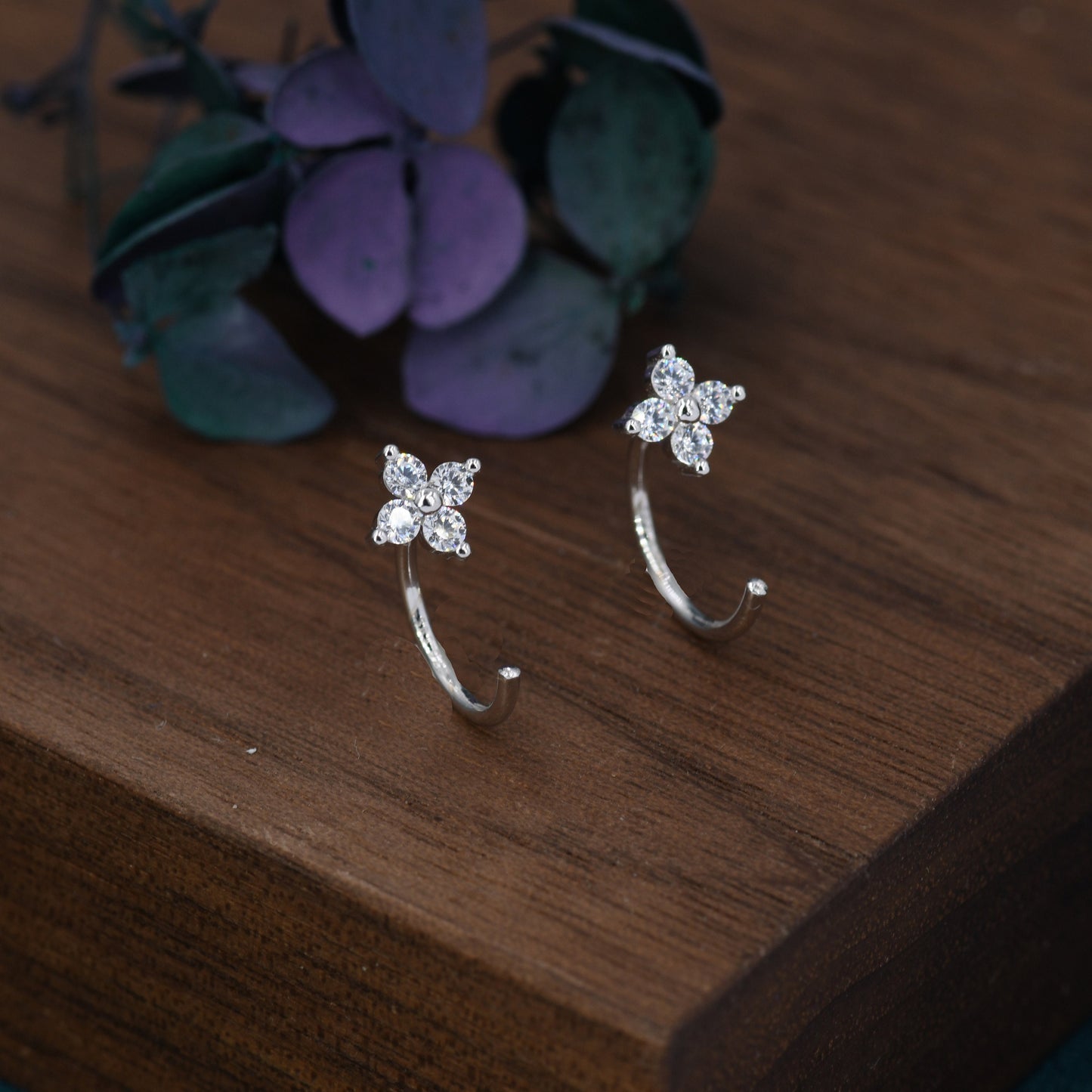 CZ Hydrangea Flower Huggie Hoop Earrings in Sterling Silver, Tiny CZ Trio Open Hoops, Pull Through Threaders, Half Hoops