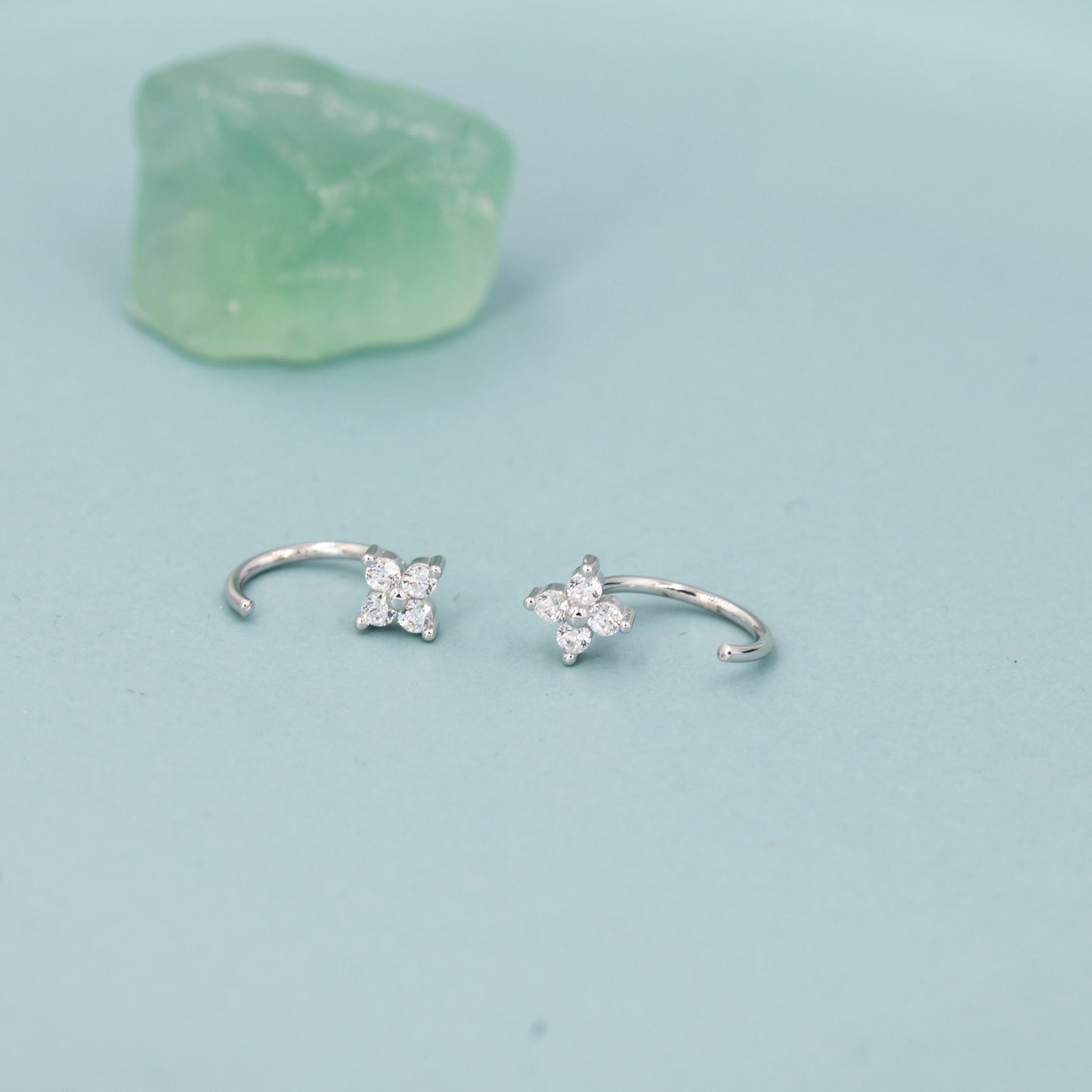 CZ Hydrangea Flower Huggie Hoop Earrings in Sterling Silver, Tiny CZ Trio Open Hoops, Pull Through Threaders, Half Hoops