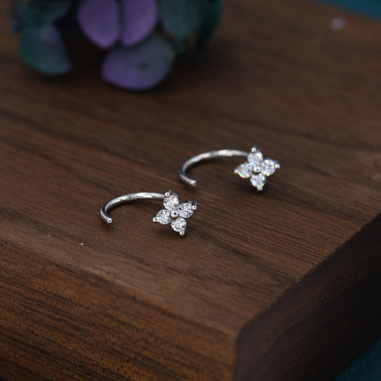 CZ Hydrangea Flower Huggie Hoop Earrings in Sterling Silver, Tiny CZ Trio Open Hoops, Pull Through Threaders, Half Hoops