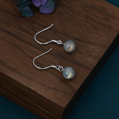 Genuine Labradorite Drop Hook Earrings in Sterling Silver, 6mm Labradorite Ball Earrings