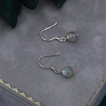 Genuine Labradorite Drop Hook Earrings in Sterling Silver, 6mm Labradorite Ball Earrings