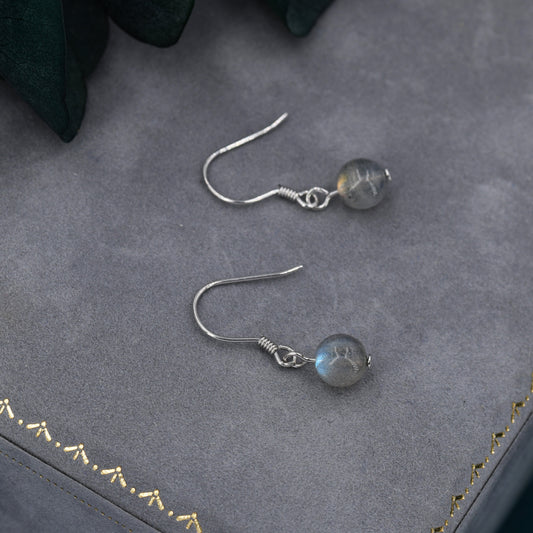 Genuine Labradorite Drop Hook Earrings in Sterling Silver, 6mm Labradorite Ball Earrings