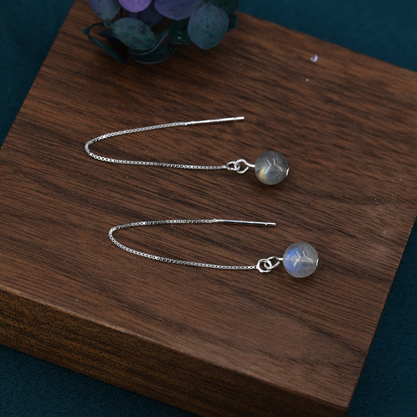 Genuine Labradorite Threader Earrings in Sterling Silver, 6mm Labradorite Ball Ear Threaders