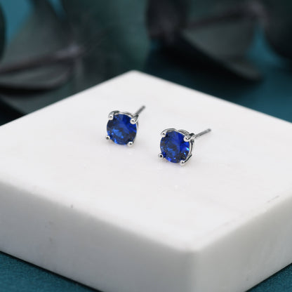 Sapphire Blue CZ Stud Earrings in Sterling Silver, 5mm Brilliant Cut Crystal Earrings, September Birthstone