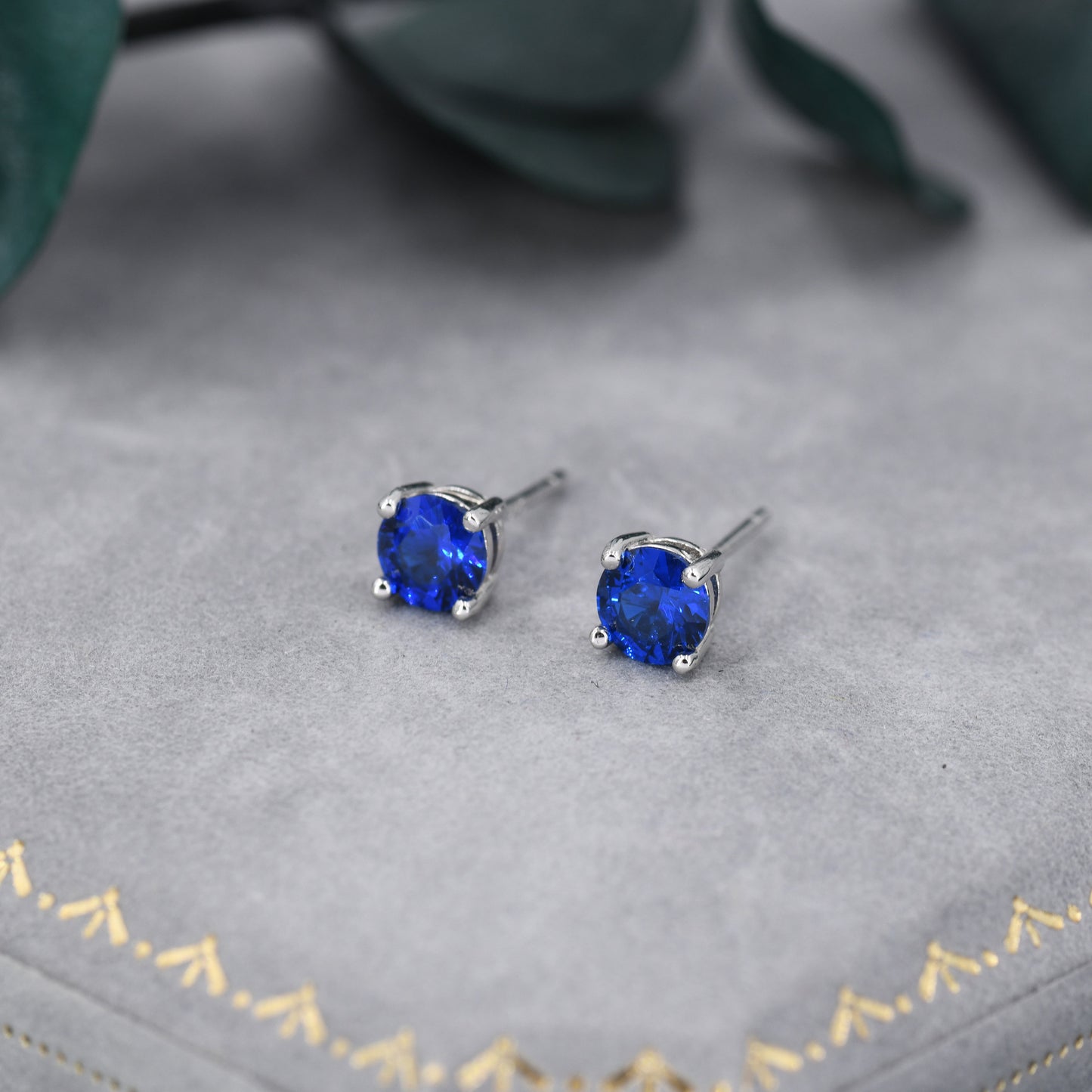 Sapphire Blue CZ Stud Earrings in Sterling Silver, 5mm Brilliant Cut Crystal Earrings, September Birthstone